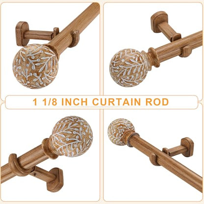 1-1/8 Inch Diameter Wood Curtain Rods for Windows 36 to 72 inch - Adjustable Seamless Aluminum Bracket - Heavy-Duty Boho Curtain Rods with Seaweed Finial - Brown Wood Grain - color: Light Wood Grain, size: 36-72"