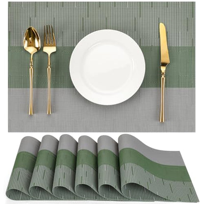 Placemats Set of 6, Vinyl Woven Heat-Resistant Place Mats - color: Gray Sage Green, size: Set of 6