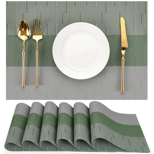Placemats Set of 6, Vinyl Woven Heat-Resistant Place Mats - color: Gray Sage Green, size: Set of 6