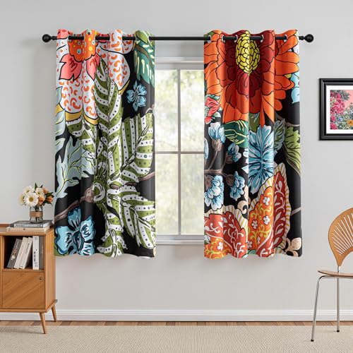 MYSKY HOME Black Boho Floral Blackout Curtains & Drapes for Bedroom 63 inch Long Black Out Curtain with Botanical Leaf Design for Living Room Thermal Insulated Room Darkening Drape, Pack-2, 52Wx 63L - color: Z-boho Floral and Leaf, size: 52"W x 63"L (Pack