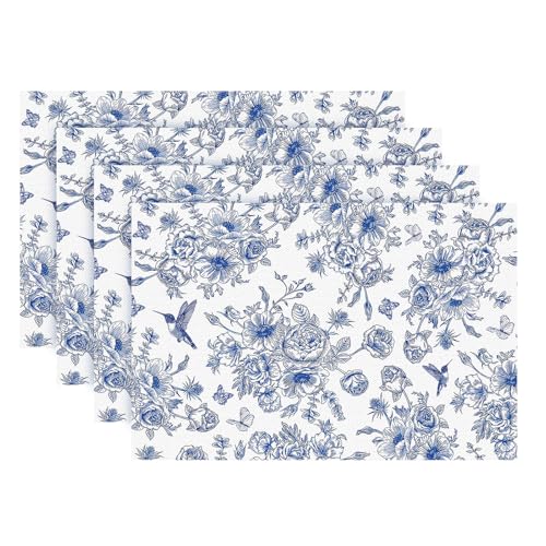 Snycler Table Runner Blue Monochrome Sketch Flower Birds Butterfly Table Cover Retro Floral Kitchen Dining Table Decoration for Indoor Outdoor Home Party Restaurant Supplies (12x18 Inch,Set of 4) - color: Blue Sketch Flower, size: 12" x 18"