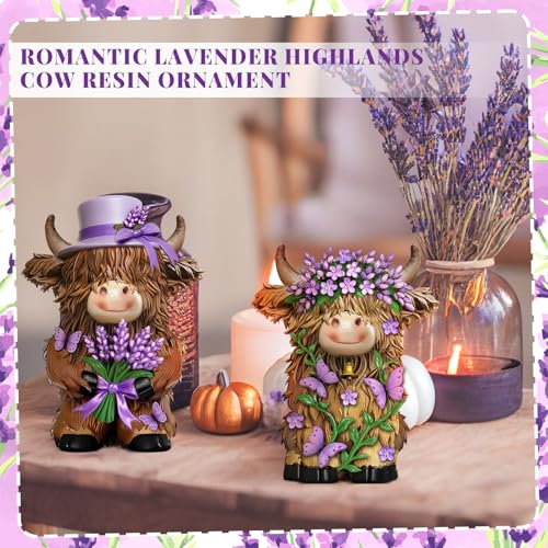 2 Pcs Resin Highland Cow Figurine Decor, Purple Lavender Theme - style: Lavender