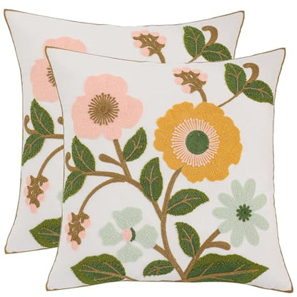 Embroidered Throw Pillow Covers 18x18 Pack of 2 Pink Yellow Flower - color: Yellow and Pink Flowers