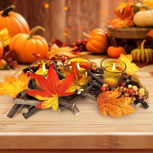 Candle Holder Autumn Decoration, Handmade Candle Holder, Wooden Tea Light Holder, Autumn Decoration with 3 Glass Cups, Lantern, Autumn Decorative Candle Holder, Fall Decor Aesthetic Indoor
