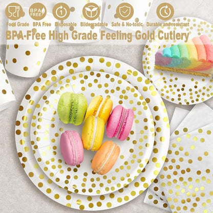 AIRE White Gold Dot Paper Plates Set, 350PCS Disposable Tableware for 50 - color: 350pcs White and Gold
