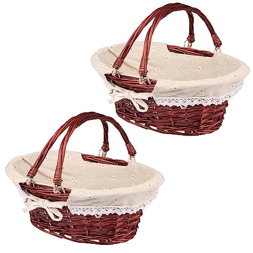 2 Pack Medium Size Wicker Basket with Handle, 12.6x9x4.7 in Wicker Picnic Basket with Liner, Empty Gift Basket, Oval Willow Woven Basket for Fruit, Candy, Wine, Gathering, Wedding, Picnic,by GNIEMCKIN - size: 2 PCS medium brown