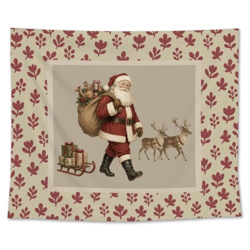 EGBTL Retro Christmas Santa Claus Deer Floral Wall Tapestry, Winter Xmas Tapestry for Home, Neutral Classic Christmas Tapestries Wall Hanging Decor for Bedroom Living Room 50x60 Inches - color: Christmas17