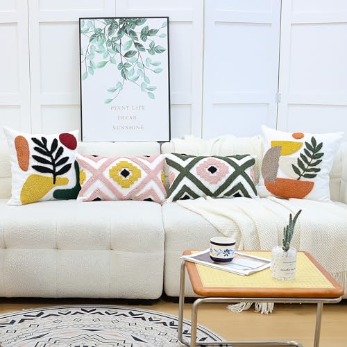 Woven Tufted Boho Throw Pillow Covers 18x18 Inch, - color: Botanical Geometry Tufted