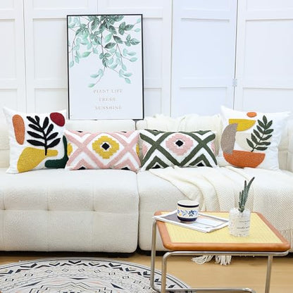 Woven Tufted Boho Throw Pillow Covers 18x18 Inch, - color: Botanical Geometry Tufted