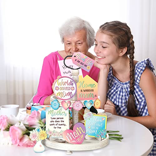 12 Pcs Mother's Day Tiered Tray Decor Happy Mother's Day Sweet Decorations Wooden Centerpiece Items Heart Flower Letters Floral Wooden Table Signs for Mother Gift Decorations Party Supplies - style: Mother