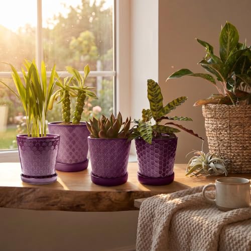 EFISPSS Ceramic Plant Pots, 5 Inch Planters with Drainage Holes and Ceramic Tray, Relief Design Flower Planter, Desktop Office Windowsill Decoration Gift Set of 4 - Plum - color: Plum