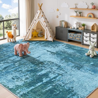 Merelax 5x7 Blue Washable Area Rug Non-Slip Faux Wool Abstract Rug - color: Blue, size: 5' x 7'(60''x84'')