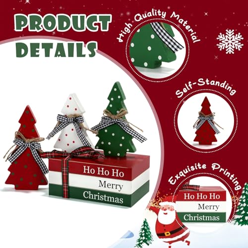 Christmas Decoration 6PCS Table Centerpieces, Tabletop Christmas Decor for Tiered Tray Shelf Mantel Fireplace Coffee Bar Office Desk Farmhouse Xmas Holiday Decoration Wood Faux Book and Tree Sign - color: Christmas