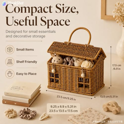 Rattan House Shape Storage Basket with Lid, Small Doll House, Decorative Hand Woven Shelf Organizer with Handle, Natural Harvest Wicker Basket for Picnics, Organizing, Storage (B, 1) - style: B