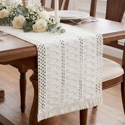 Boho Macrame Table Runner with Tassels 72in White Farmhouse Runner - color: White, size: 12'' x 72''