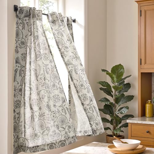 jinchan Linen Floral Kitchen Tier Curtains 30 Inch 2 Panels Grey on Beige - color: Classic | Grey on Beige, size: 26"W x 30"L (Pack of 2)