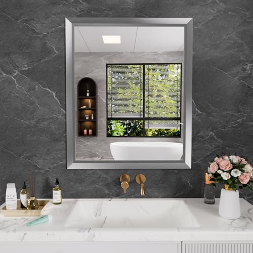 Amorho Bathroom Mirror for Wall 30x36 Inch, Brushed Silver Metal Framed - color: Silver, size: 36"L x 30"W