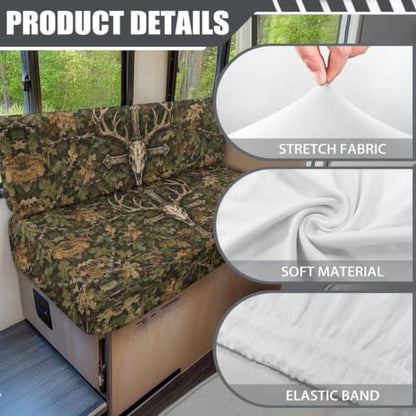 Camo Leaves Deer Skull Cross Print RV Dinette Cushion Covers 2 Pack Stretch Camper Cushion Slipcover Replacement RV Couch Cover Furniture Protector for RV Camper Car Bench - color: Camo Leaves Deer Skull Cross