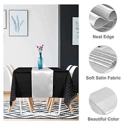 8Pack Disposable Plastic Tablecloths and Satin Table Runner Set Black and Silver Dot Tablecloth Silver Satin Table Runner for Wedding Birthday Baby Shower Anniversary Christmas New Year Party Supply - color: Black and Silver, size: 8 Pack