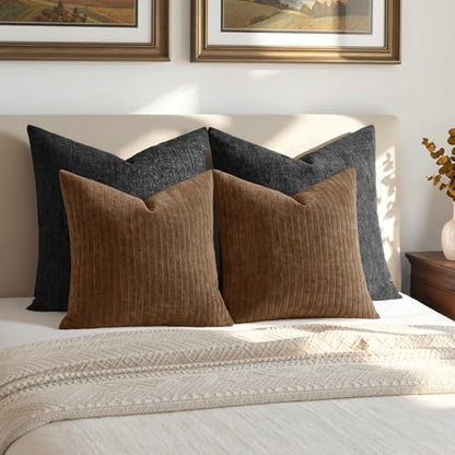 MIULEE Set of 2 Brown Textured Striped Throw Pillow Covers 18x18 Inch - color: Brown, size: 18" x 18" (Pack of 2)