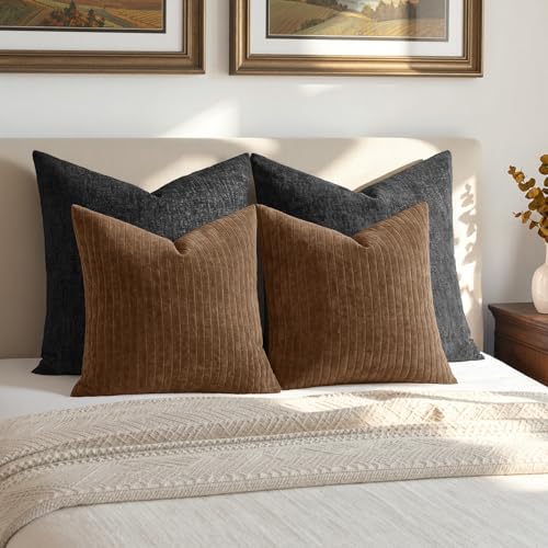 MIULEE Set of 2 Brown Textured Striped Throw Pillow Covers 20x20 Inch - color: Brown, size: 20" x 20" (Pack of 2)