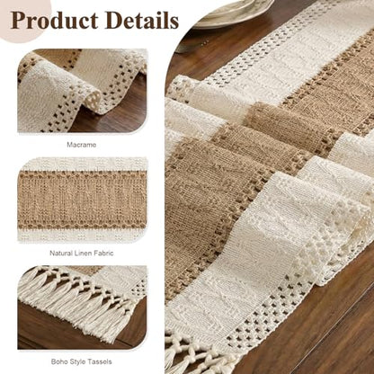 Boho Macrame Table Runner with Tassels 72in Brown Farmhouse Runner - color: White & Brown, size: 12'' x 72''