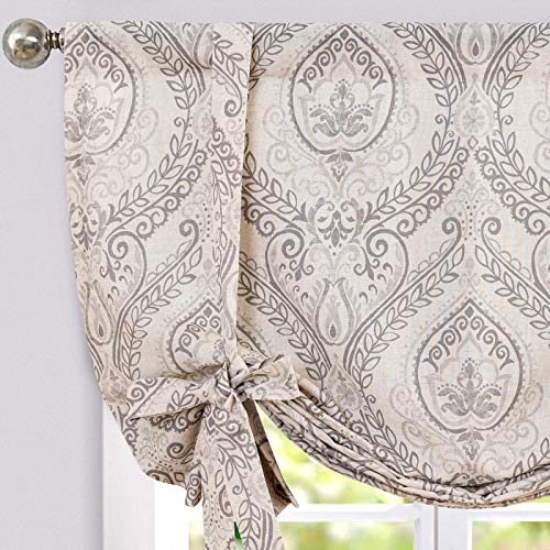 jinchan Linen Kitchen Window Valance Curtain, Tie up, 42x45, 1 Panel, Grey - color: Damask | Grey on Beige, size: 42"W x 45"L (Pack of 1)