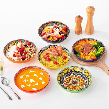 vancasso 32 Oz Pasta Bowls, Porcelain Large Colorful Salad Soup Bowls Set of 6, Pasta Serving Bowls Plates for Kitchen, Dishwasher & Microwave Safe, Series KRVI - color: Boho