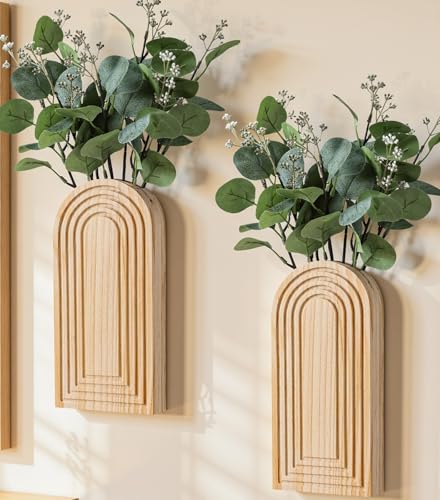 DREAMLOOM 2 Pack Wooden Wall Vases with Fake Plants, Wall Hanging Planters Boho Modern Farmhouse Indoor for Narrow Spaces Entryway Bathroom Home Office Decoration, Retro - color: C-retro
