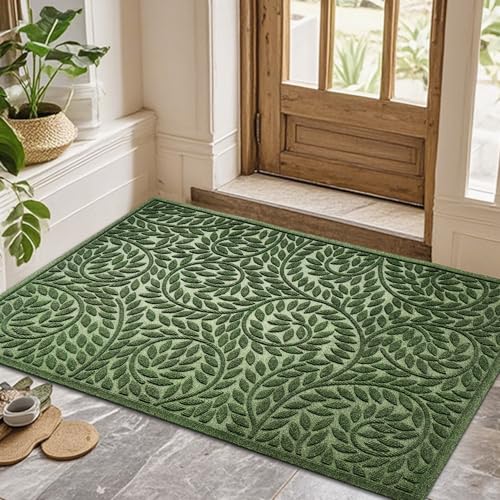 Bulijojo Front Door Mat Entrance,Durable Heavy Duty Welcome Mat,Thick Absorbent Natural Rubber Non Slip Mat,Sturdy Entryway Green 47"x32" - color: Green, size: 2'8" x 3'11" (Leaf)