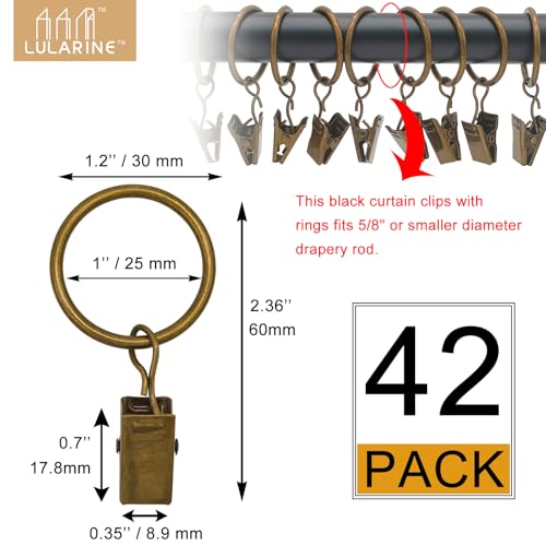 42 Pack Curtain Rod Clip Rings, 1" Interior Diameter, Metal, Drapery Ring with Clips, Strong, Rustproof, Vintage Bronze - color: Bronze, size: 1"-42pack