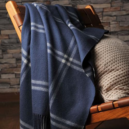 CUDDLE DREAMS Premium Cashmere Throw Blanket with Fringe (Plaid Blue) - color: Plaid Blue