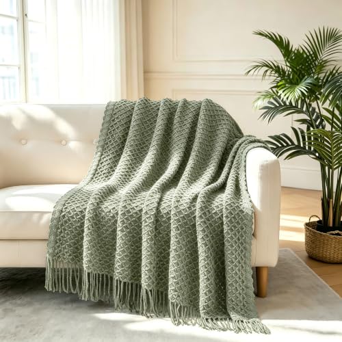 CREVENT Farmhouse Boho Knitted Throw Blanket for Couch Sofa Chair Bed Home Decoration, Soft Warm Cozy Light Weight for Spring Summer Fall (50''X60'' Sage Green) - color: Sage Green, size: 50inchx60inch