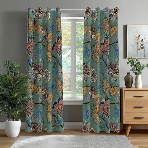Blackout Curtains for Bedroom Green Boho Floral Black Out Curtains for Living Room Vintage Paisley Floral Room Darkening Window Drapes, 52" W x 84" L (Pack of 2),Green Floral - color: P5-green, size: 52"W x 84"L (Pack of 2)