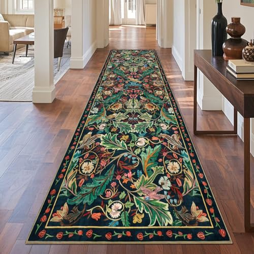 nesrt Boho Washable 3x10 Hallway Runner Rugs, Non Slip Floral Birds Long Kitchen Runners, Soft Jungle Birds Floor Carpet for Entryway, Low Pile Decor Rug for Hall Laundry Bedroom Bathroom (Dark Green) - color: Dark Green, size: 3' x 10' (Rectangular)