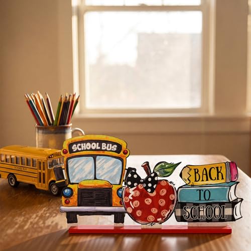 Smile Back to School Wooden Table Decor Book Stack, Polka Dot Apple, School Bus Desktop Signs - Classroom & Home Office Tabletop Decorations School Gift for Students, Teachers - style: School