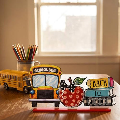 Smile Back to School Wooden Table Decor Book Stack, Polka Dot Apple, School Bus Desktop Signs - Classroom & Home Office Tabletop Decorations School Gift for Students, Teachers - style: School