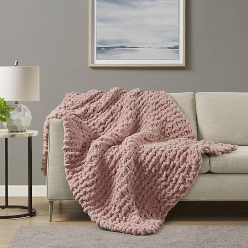 Madison Park Chenille Chunky Knit All Season Throw Blanket, 50 x 60, Blush - color: Blush