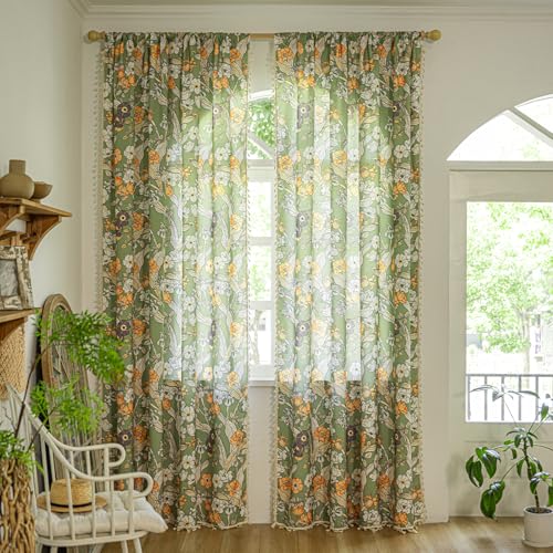 ENJOYBRIDAL Floral 84 Inch Curtains for Living Room Semi Sheer Drapes Bedroom Cute 2 Panels Boho Window Curtain Panels Floor Length Rod Pocket Country Farmhouse Dining Room Window Treatments - color: Floral07, size: 52"W x 84"L (Pack of 2)