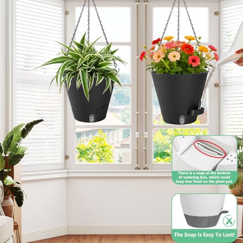 8 Inch Hanging Planters Indoor Outdoor, 3 Pack Plastic Self Watering Plant Pots with Drainage Holes & Saucers, Hanging Baskets Flower Pots with Chain for Ivy, Spider Plant, Pothos, Ferns - color: Black