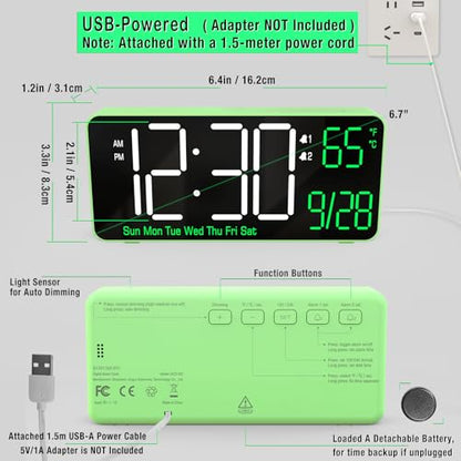 KOSUMOSU Digital Clock for Bedroom, 6.7in Desk Clock, Auto Dimming, Room Temperature, Day of The Week, Date, Seconds, Clocks for Living Room, Alarm Clocks for Bedrooms - color: Green (White + Green Digits)