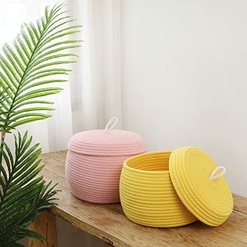 Sea Team Round Woven Cotton Rope Storage Basket with Lid, Yellow - color: Yellow, size: Small