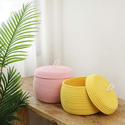 Sea Team Round Woven Cotton Rope Storage Basket with Lid, Yellow - color: Yellow, size: Small