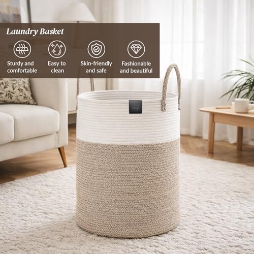 Large 58L Laundry Basket, Woven Rope Laundry Hamper with Reinforced Structure, Collapsible Clothes Storage Bin for Bedroom, Bathroom & Nursery, Durable Blanket & Toy Organizer