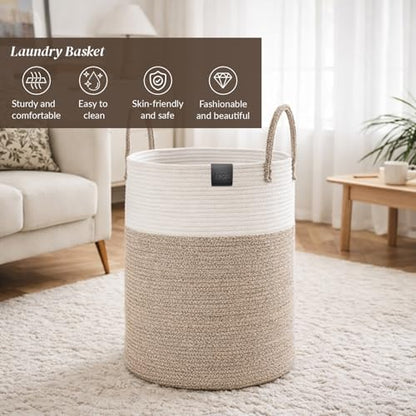 Large 58L Laundry Basket, Woven Rope Laundry Hamper with Reinforced Structure, Collapsible Clothes Storage Bin for Bedroom, Bathroom & Nursery, Durable Blanket & Toy Organizer