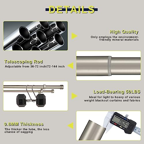 Double Curtain Rods for Windows 36-72 Inches, 1'' Front and 5/8''Back Double Drapery Rods with Premium Aluminum Brackets and End Cap Finials, Adjustable Brushed Nickel Double Window Curtain Rod - color: Brushed Nickel, size: 36-72"
