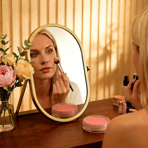Gold Oval Vanity Mirror, 360° Rotation 180° Tilt Adjustable Desktop Makeup Mirror with Metal Frame, Decorative Standing Mirror for Bedroom, Bathroom, Living Room