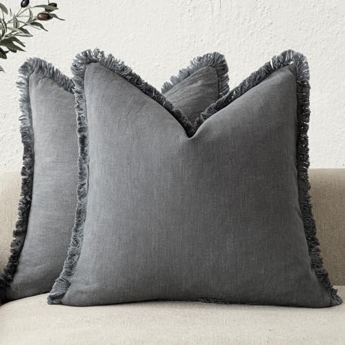 Foindtower Decorative Linen Fringe Throw Pillow Covers 16×16 Inch,Gray - color: Grey, size: 16" x 16" (Pack of 2)