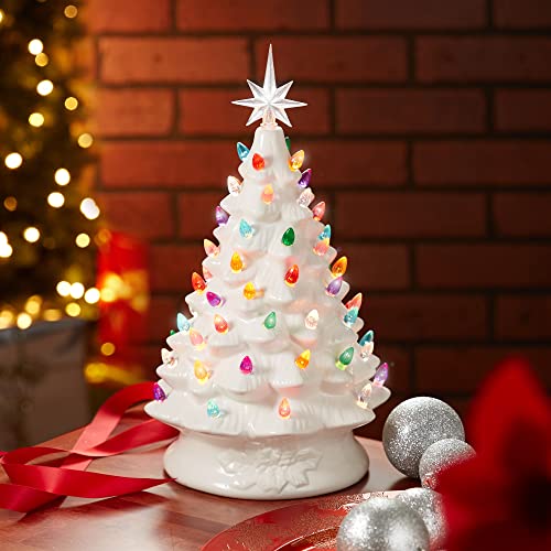 Casafield Hand Painted Ceramic Christmas Tree, White 15-Inch Pre-Lit Tree with 128 Multi Color Lights and 2 Star Toppers - color: White
