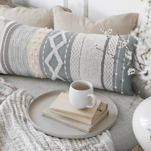 Decorative Boho Lumbar Pillow Cover 14x36 - Soft Textured Throw Pillow - color: Blue